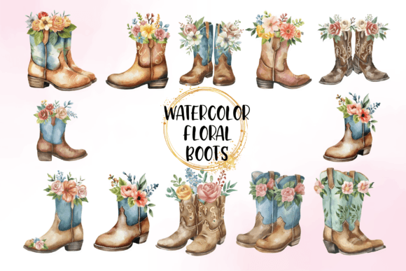 Download Watercolor Floral Western Boots Clipart - Water Collection