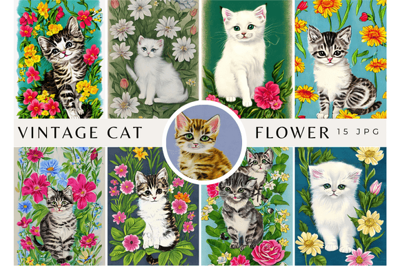 Download Vintage Watercolor Cat with Flowers Rose - Water Collection