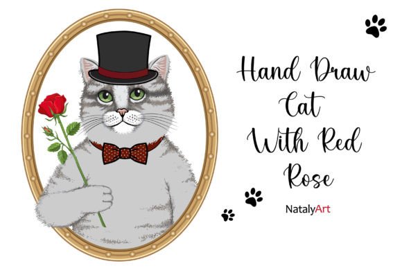 Download Hand Draw Cat with Red Rose. - Hand Collection