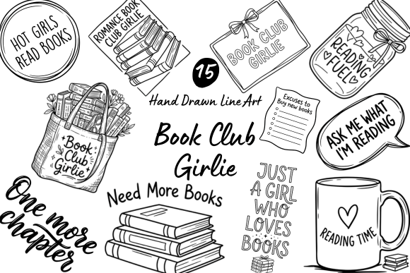 Download Book Club Girlie Hand Drawn Line Art - Hand Collection