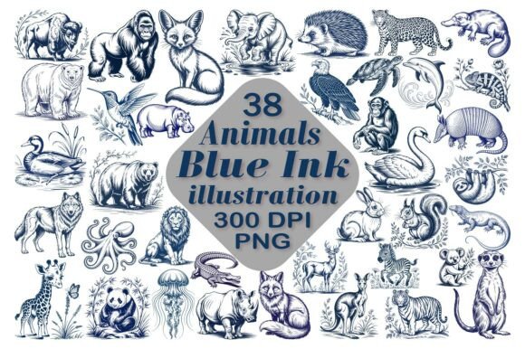 Download Animals Blue Ink Illustrations PNG - Animal Collection