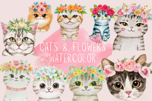 Download Watercolor Cat with Flowers Rose Clipart - Water Collection
