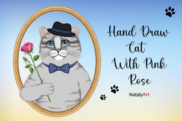 Download Hand Draw Cat with Pink Rose. - Hand Collection