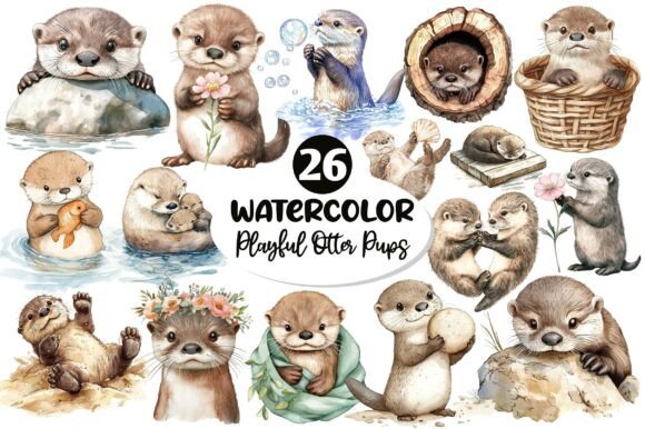 Download Watercolor Playful Otter Pups Clipart - Water Collection
