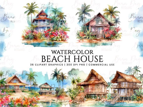 Download Watercolor Beach House Clipart Bundle - Water Collection